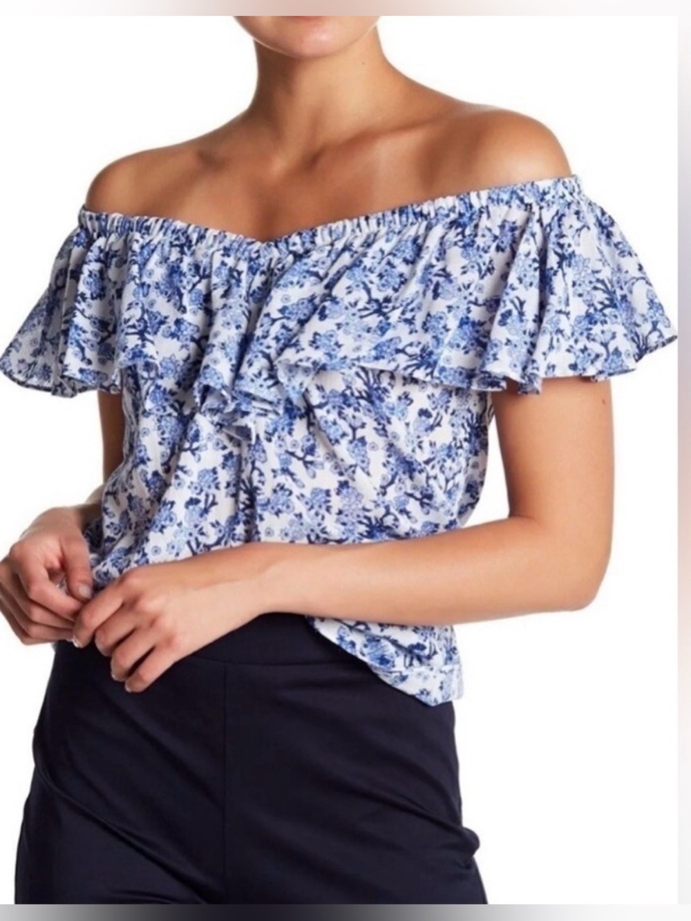 Rebecca Taylor Aimee Off Shoulder Floral Ruffle Top Blue White Cotton Size 4